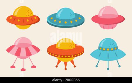 Collection of flat cute flying saucers for kids. Childish spaceships in cartoon style. Vector illustration. Stock Vector