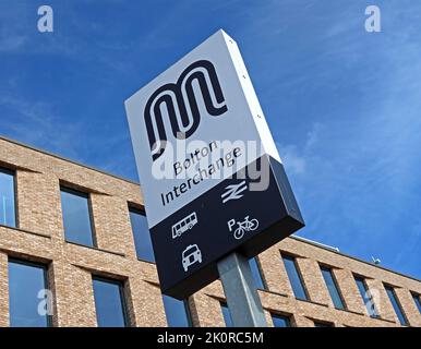 Bolton Interchange sign, buses, trains , cycle, Newport St, Bolton, Greater Manchester, England, UK,  BL1 1PF Stock Photo