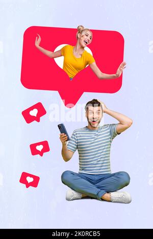 Vertical collage picture of impressed guy hold telephone cant believe pretty girl like notification isolated on painted background Stock Photo