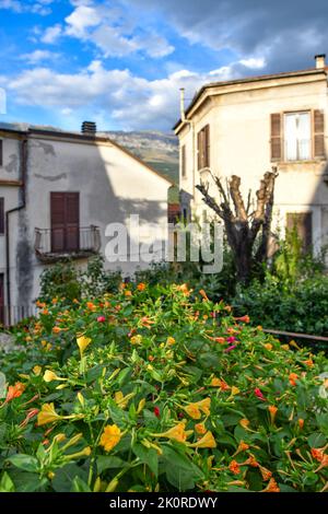 A small square between the old  houses of Pratola Peligna, a medieval village in the Abruzzo region of Italy. Stock Photo