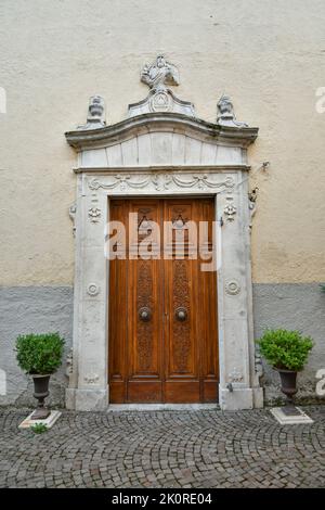 The door of a church in Pratola Peligna, a medieval village in the Abruzzo region of Italy. Stock Photo