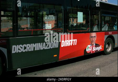 Italy. 12th Sep, 2022. Poster of Enrico Letta is seen on a bus as Electoral posters are displayed in Rome, Italy, on September 12 2022. Italy will hold early parliamentary elections on September 25, as Italian Premier Mario Draghi resigned last July. (Photo by Elisa Gestri/SIPA USA) Credit: Sipa USA/Alamy Live News Stock Photo