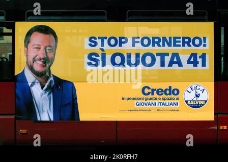 Italy. 12th Sep, 2022. A poster of Matteo Salvinii seen on a bus as Electoral posters are displayed in Rome, Italy, on September 12 2022. Italy will hold early parliamentary elections on September 25, as Italian Premier Mario Draghi resigned last July. (Photo by Elisa Gestri/SIPA USA) Credit: Sipa USA/Alamy Live News Stock Photo