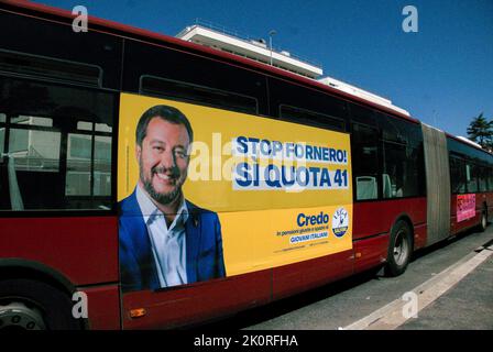 Italy. 12th Sep, 2022. Poster of Matteo Salvini is seen on a bus as Electoral posters are displayed in Rome, Italy, on September 12 2022. Italy will hold early parliamentary elections on September 25, as Italian Premier Mario Draghi resigned last July. (Photo by Elisa Gestri/SIPA USA) Credit: Sipa USA/Alamy Live News Stock Photo