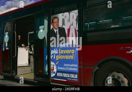 Italy. 12th Sep, 2022. A poster of Silvio Berlusconi seen on a bus Electoral as posters are displayed in Rome, Italy, on September 12 2022. Italy will hold early parliamentary elections on September 25, as Italian Premier Mario Draghi resigned last July. (Photo by Elisa Gestri/SIPA USA) Credit: Sipa USA/Alamy Live News Stock Photo