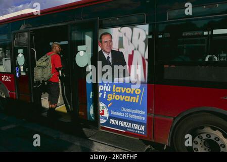 Italy. 12th Sep, 2022. A poster of Silvio Berlusconi is seen on a bus as Electoral posters are displayed in Rome, Italy, on September 12 2022. Italy will hold early parliamentary elections on September 25, as Italian Premier Mario Draghi resigned last July. (Photo by Elisa Gestri/SIPA USA) Credit: Sipa USA/Alamy Live News Stock Photo