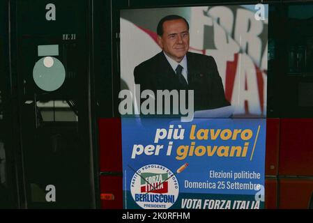 Italy. 12th Sep, 2022. Poster of Silvio Berlusconi is seen on a bus as Electoral posters are displayed in Rome, Italy, on September 12 2022. Italy will hold early parliamentary elections on September 25, as Italian Premier Mario Draghi resigned last July. (Photo by Elisa Gestri/SIPA USA) Credit: Sipa USA/Alamy Live News Stock Photo