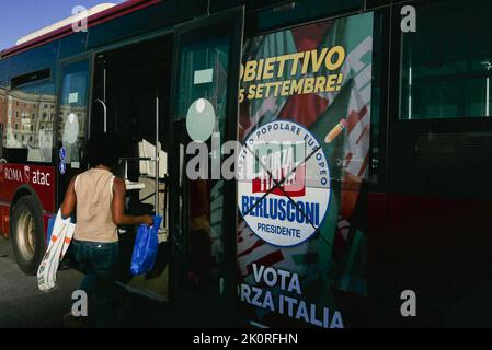 Italy. 12th Sep, 2022. Poster of Silvio Berlusconi is seen on a bus as Electoral posters are displayed in Rome, Italy, on September 12 2022. Italy will hold early parliamentary elections on September 25, as Italian Premier Mario Draghi resigned last July. (Photo by Elisa Gestri/SIPA USA) Credit: Sipa USA/Alamy Live News Stock Photo