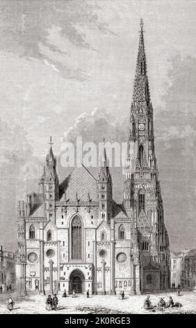 St. Stephens Cathedral, Vienna, Austria seen here in the 19th century. The cathedral stands on the ruins of two earlier churches and is of Romanesque and Gothic architectural style.  From Les Plus Belles Eglises du Monde, published 1861. Stock Photo