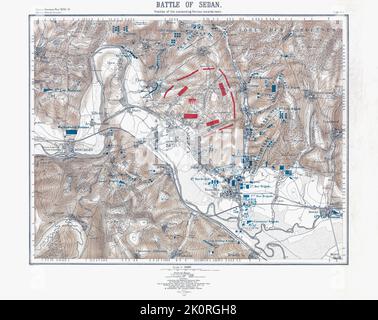 The Battle of Sedan 1 - 2 September 1870 during the Franco-Prussian War 1870 - 1871.  Map of the disposition of forces at approximately midday 2 September 1870 only hours before the surounded French surrendered.  After a map published in 1905. Stock Photo