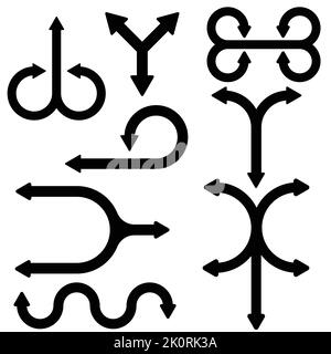 Set of black vector arrows icon collection. going in  different directions isolated on white square background. Bended  turning, zig zag, crossroads Stock Vector
