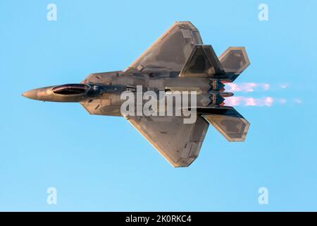 A Lockheed Martin F-22 Raptor performs a demonstration at 2022 Airshow London SkyDrive, in London, Ontario, Canada. Stock Photo