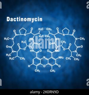 Dactinomycin cancer chemotherapy drug, Structural chemical formula on a blue background Stock Photo