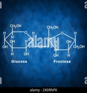 Sucrose Structural chemical formula on a blue background Stock Photo