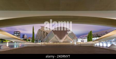Hemisfèric, a digital 3D cinema & planetarium, with Museu De Les Ciencies and Umbracle at City of Arts and Sciences in Valencia, Spain at dawn in Sept Stock Photo