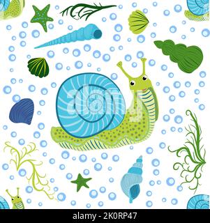 Snail, sea inhabitants seamless pattern, beautiful character among seashells, seaweed, starfish, sea animals of wildlife. Stock Vector