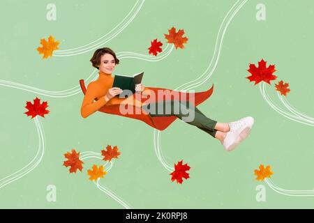 Photo image 3d collage poster postcard of dreamy girl sit big leaf enjoy reading cozy autumn evening weather isolated on drawing background Stock Photo