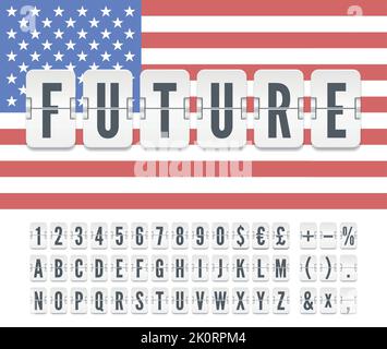 White flight information board of destination in USA Future with mechanical airport flip scoreboard font and America flag Vector illustration Stock Vector