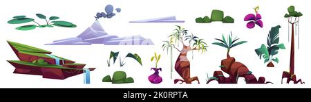 Prehistoric landscape elements, cartoon constructor with tropical plants, steaming volcano, palm trees, vines, waterfall and rocks isolated on white background. Jurassic era vegetation Vector set Stock Vector
