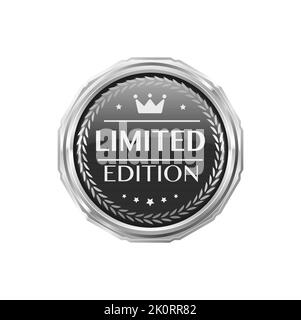 Limited edition silver badge and premium label. Limited edition product quality warranty seal or icon, authenticity guarantee metal vector label. Premium product quality certificate silver badge Stock Vector