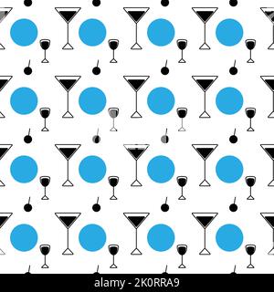 Abstract seamless pattern from a black and white set of vector icons in the form of glasses and colored spots in trendy blue shades on a transparent background. Suitable for cafes, bars and restaurants. Isolate. Lifestyle. Stock Vector