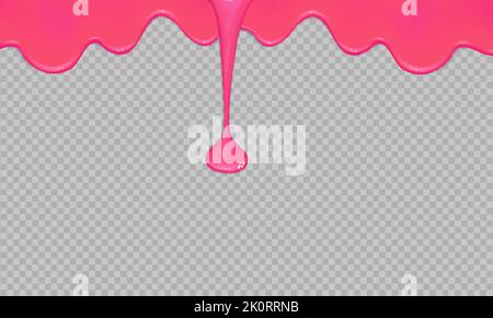 Dripping glossy pink slime.Flowing realistic pink sweet melting icing on transparent background.Spreading sause,cream, milk or caramel.Border of shiny Stock Vector