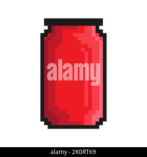 Pixel icon, aluminum can for soft drinks. Storing cocktails and soda in jar. Simple retro game vector isolated on white background Stock Vector