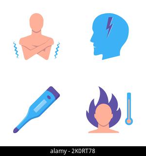 High temperature icon set in flat style. Fever symptoms pictograms. Vector illustration. Stock Vector
