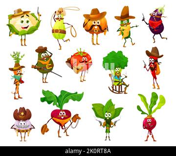 Cartoon funny cowboy, sheriff, robber bandit and ranger vegetables, vector characters. Carrot, pumpkin and tomato with avocado in Western ranger hat with revolver guns and cowboy lasso Stock Vector