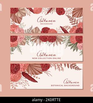 Set of autumn horizontal banners with modern floral elements. Hand drawn botanical vector illustration. Space for text Stock Vector