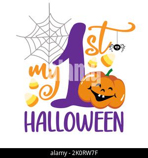 My first (1st) Halloween - Greeting card. Modern brush calligraphy. Isolated on white background. Hand drawn lettering for Halloween greeting cards, i Stock Vector