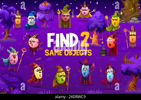 Find two same cartoon vitamin wizard and mage characters. Find same picture playing activity or child puzzle vector worksheet with U, B, and C, E, K vitamin sorcerer cute personages on fantasy meadow Stock Vector