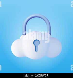 3d White Cloud with Locked Padlock. Render Cloud with Pad Lock Icon. Concept of Cloud Data Protection, Security and Confidentiality. Safety, Encryptio Stock Vector