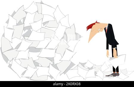 Businessman with hands down standing in front of pile of papers.  Stressed frustrated overworked businessman standing in front of huge pile of papers. Stock Vector