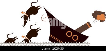 Rats desert a sinking ship.  Cartoon rats in panic desert a sinking ship black on white background Stock Vector