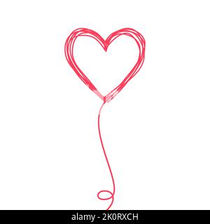 Tangled scribbled heart on a string line, air balloon or a flower style, hand drawn with thin line, isolated on white background. Vector illustration Stock Vector