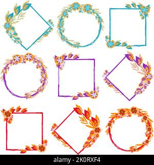 Set of different frames with flowers and twigs, hand-drawn elements in cartoon style. Flowers. Different colors. Templates for greeting cards. Vector Stock Vector