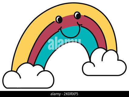 Sticker of smiling rainbow character with clouds Stock Vector