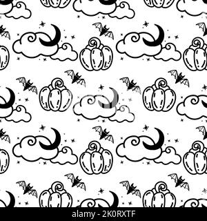 A seamless pattern of clouds and pumpkins, hand-drawn in doodle style. Happy Halloween. Clouds with the moon and stars. Bats. Autumn. Holiday. Hand-dr Stock Vector