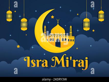 Happy Isra Miraj Nabi Muhammad SAW Template Hand Drawn Cartoon Flat Illustration Suitable for Greeting Card, Poster and Banner Stock Vector