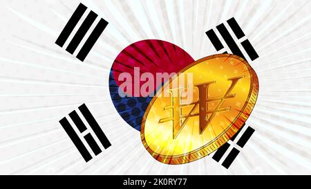South Korean flag and golden coin with sign currency Republic of Korea won KRW. CBDC concept. Vector illustration. Stock Vector