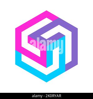 Colorful cube logo made of three elements. Triple L logo template. Geometric hexagon isometric shape. 3D puzzle game pieces. Building, architecture