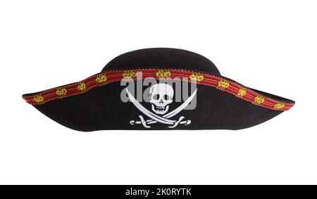 Black Pirate Hat With Skull and Cross Bones Cut Out on White. Stock Photo