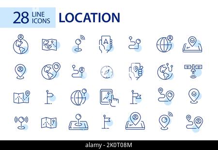 28 line art location icons. Map pointers, navigation and sharing position. Pixel perfect, editable stroke Stock Vector
