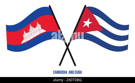 Cambodia and Cuba Flags Crossed And Waving Flat Style. Official Proportion. Correct Colors. Stock Vector