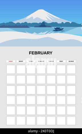 February Calendar Planner month. Minimalistic mountain snow peak landscape natural backgrounds Winter. Monthly template for diary business. Vector Stock Vector