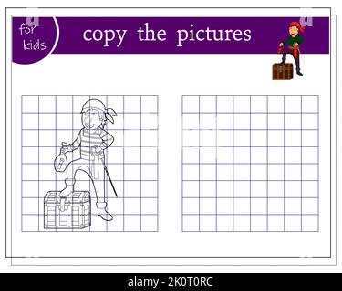 Copy the picture, educational games for children, a cartoon pirate is standing on a chest. vector Stock Vector