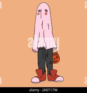 a boy in a ghost costume goes to collect sweets for halloween illustration Stock Vector