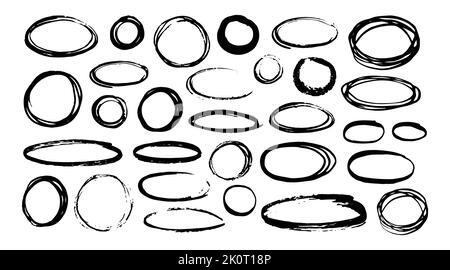 Different circles and ovals set hand painted with ink brush, isolated on white background. Vector illustration. Stock Vector