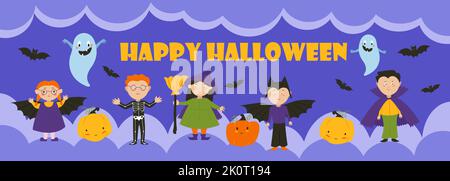 Children in costumes witches, vampire, death, ghosts, pumpkins and bats, Halloween party banner. Vector illustration Stock Vector